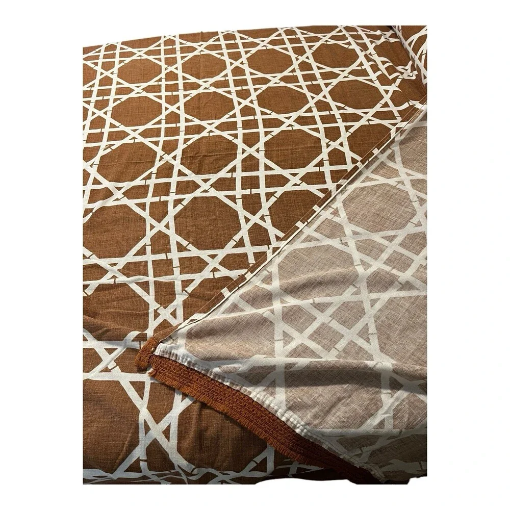 VTG 70s Bates Cotton Bedspread Brown White Boho Lattice Crochet Trim Queen